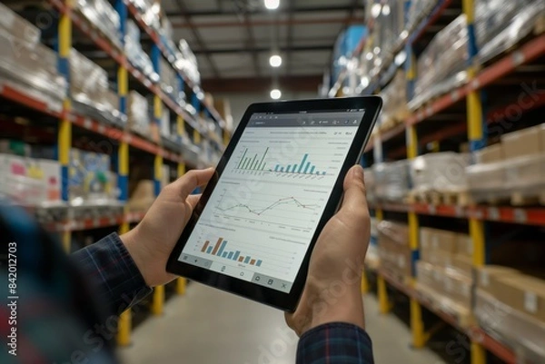 Fototapeta Warehouse Management with Digital Analytics uses technology for realtime insights, enhancing efficiency and business operations with automation, logistics management, and datadriven decisionmaking