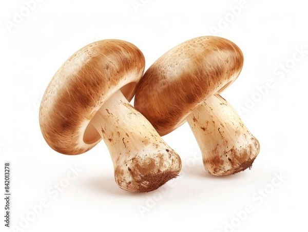 Fototapeta A close-up photo of three fresh mushrooms isolated on a white background.