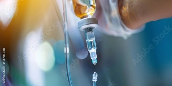 Fototapeta Close-up of an IV drip attached to a patient's arm.