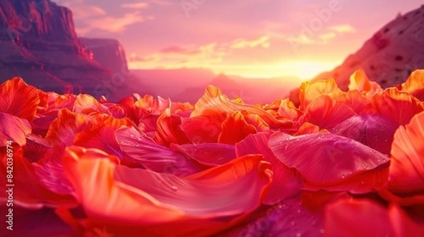 Fototapeta Stunning sunset view over a field of vibrant pink flower petals, set against a majestic mountain range in the distance.