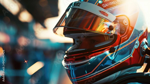 Fototapeta racing  car driver before start of competition on track. Banner with copy space, digital ai art