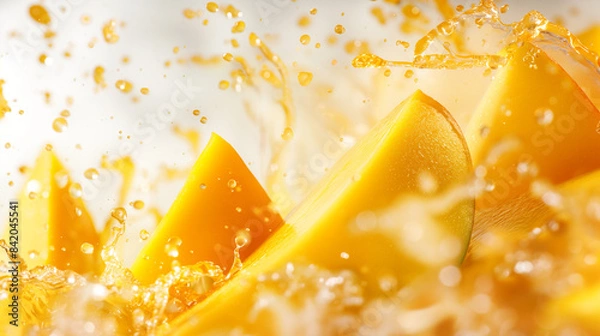 Fototapeta Ripe mango pieces dropping into a pool of sweet juice