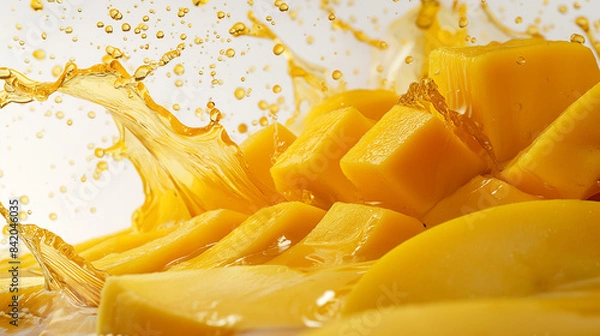 Fototapeta A slice of mango drops in orange juice, blending vibrant flavors