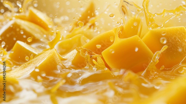 Fototapeta Ripe mango pieces dropping into a pool of sweet juice