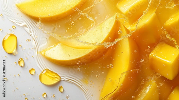 Fototapeta Ripe mango pieces dropping into a pool of sweet juice