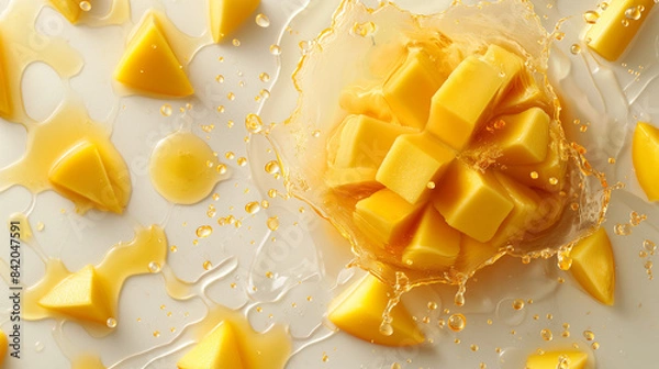 Fototapeta A slice of mango drops in orange juice, blending vibrant flavors