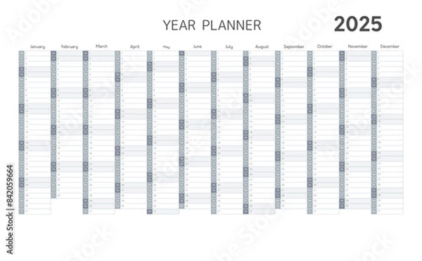 Fototapeta 2025 year planner, wall or desk calendar in gray colors. Blank planner template for 2025 year with twelve months vertical grid for daily and monthly agenda in minimal style, vector illustration