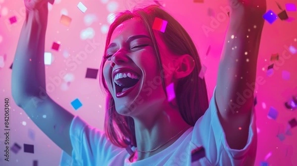 Fototapeta Photo of ecstatic lady shout loud yeah fist up raise win lottery isolated bright shine color background