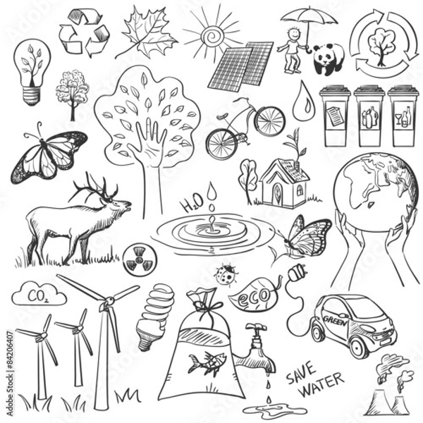 Fototapeta Ecology and recycle doodle icons set