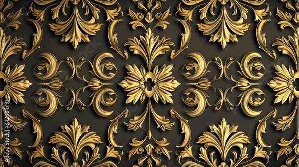 Fototapeta Repeating Damask pattern with antique gold design on black background Floral ornament in baroque style