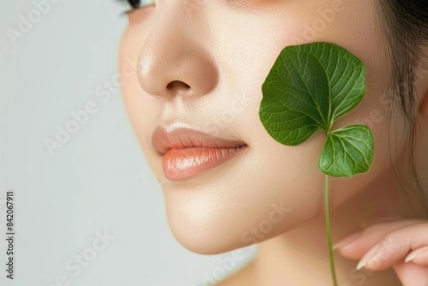 Obraz Centella asiatica leaves on a Korean woman's face on a white background close-up, banner for a Korean cosmetic product