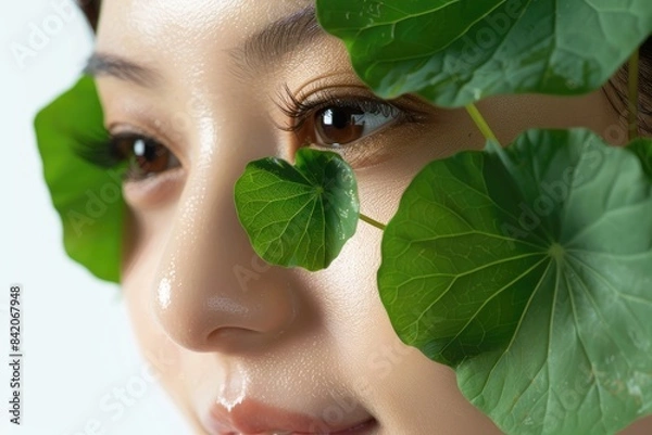Obraz Centella asiatica leaves on a Korean woman's face on a white background close-up, banner for a Korean cosmetic product