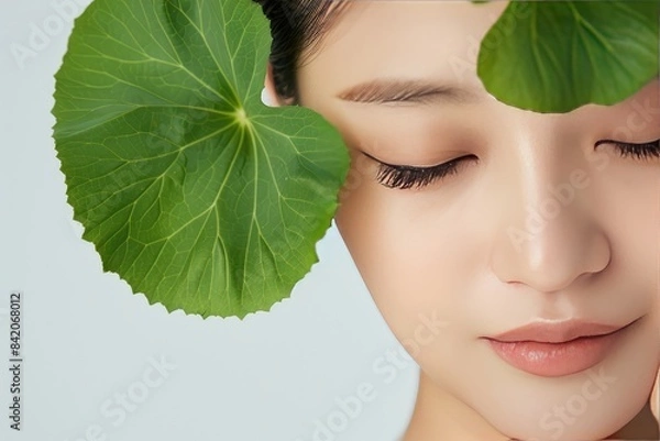 Obraz Centella asiatica leaves on a Korean woman's face on a white background close-up, banner for a Korean cosmetic product