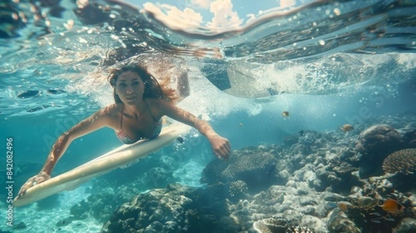 Obraz A surfer diving underwater with high tide