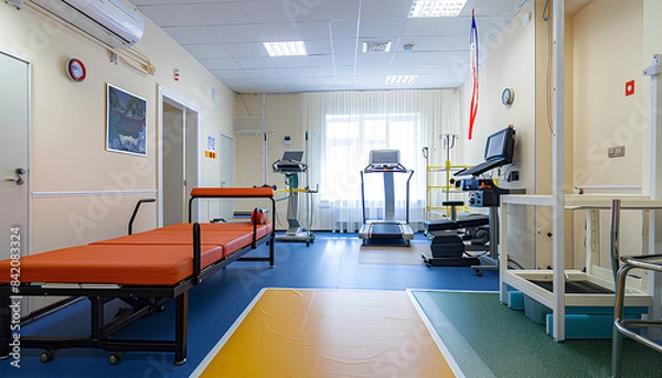 Fototapeta Interior of rehabilitation center with couch and equipment