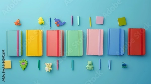 Fototapeta Colorful Notebooks and Cute Stationery on Blue Background, School Supplies Flat Lay with Copy Space, Fun and Playful Design for Students