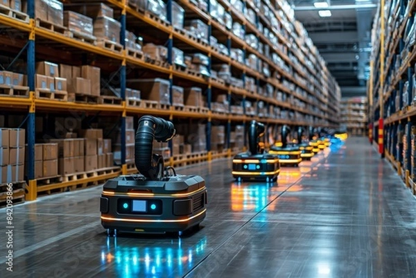 Obraz Autonomous robots navigating warehouse aisles