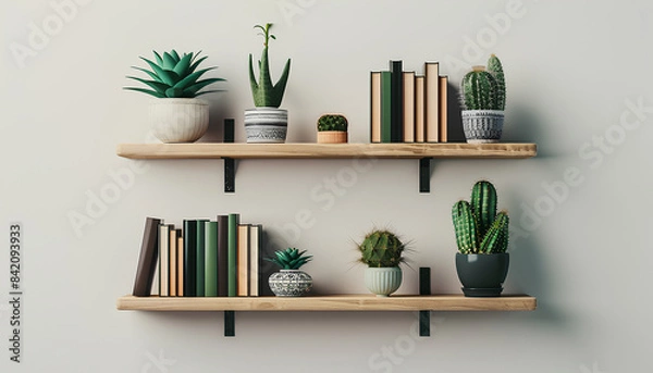 Obraz Modern shelves with books and cacti hanging on light wall