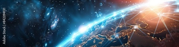 Fototapeta Visual representation of the Global Digital Network showing Earth from Space with interconnected web lines in a futuristic setting, symbolizing connectivity and technology in a digital age