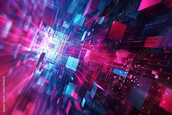 Fototapeta Vibrant digital explosion with pink and blue geometric shapes in motion, illustrating the dynamic energy of futuristic technology