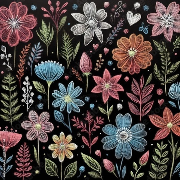 Fototapeta Wrapped in Colorful Creativity: Chalk Drawings of Various Blooms