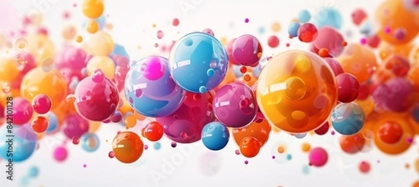 Fototapeta Multicolored spheres of different sizes flying in the air on a white background. Colorful abstract 3D illustration with many colorful spheres in bright colors