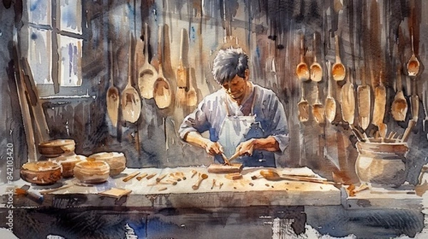 Obraz A woodcarver works on a spoon in his workshop.