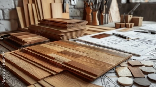 Fototapeta Masterful Woodwork A Spectrum of Finishes and Tools on a Craftsman's Workbench