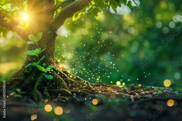 Fototapeta Tree Roots with Digital Effects Bokeh Overlay, Nature and Eco-Friendly Technology Concept