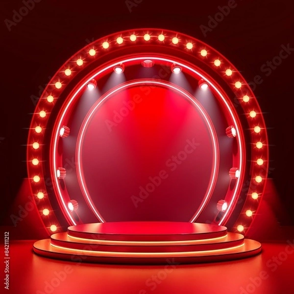 Fototapeta Neon show light podium red background. illustration.