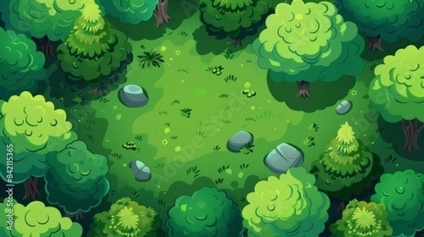 Fototapeta The background of the cartoon is a bird's-eye view of a forest with a field in the middle.