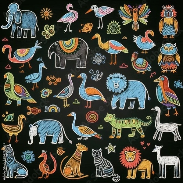Fototapeta Animal Adventure: Chalk Drawing Bringing Zoo Animals to Life