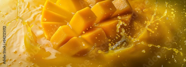 Fototapeta A slice of mango drops in orange juice, blending vibrant flavors