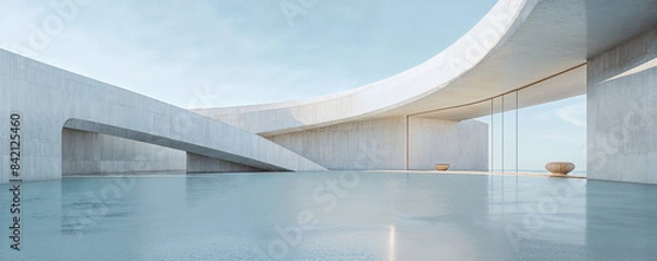 Fototapeta Empty minimal abstract architecture building interior or exterior concrete design open space floor courtyard white showcase area and curved walls museum, display showroom mockup environment background