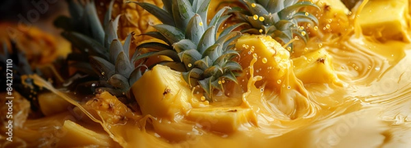 Fototapeta Pineapple slices are falling into a glass of water, creating a splash
