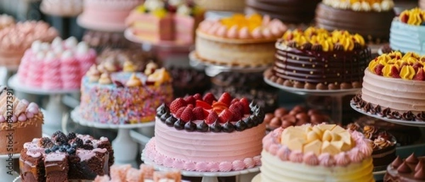 Fototapeta A variety of colorful cupcakes background. An assortment of delicious cupcakes arranged on a platter.