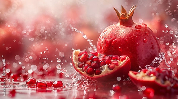 Fototapeta Pomegranates are floating and splashing in water against a red background