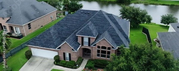 Fototapeta An aerial view of a residential roof with significant damage. Tiles are missing and broken, revealing underlying structures. The roof shows signs of wear and tear, set against a backdrop of lush trees