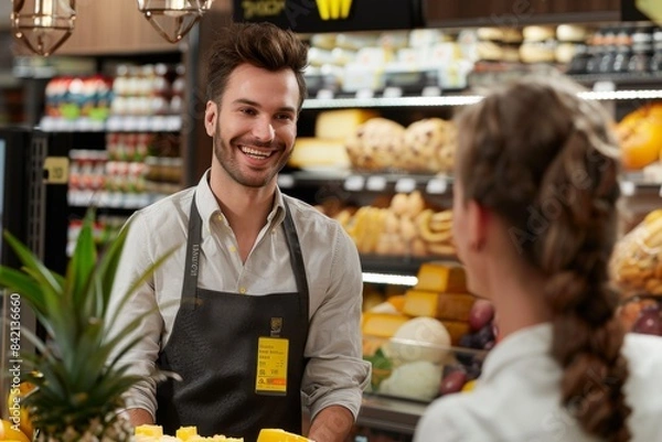 Fototapeta Smiling male clerk in a grocery store helping a female customer. Image depicts friendly service and customer interaction.