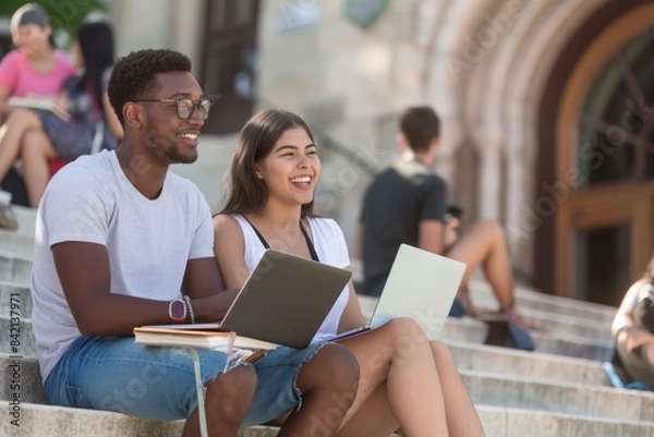 Fototapeta Students collaborating with laptops on university steps, enjoying modern education in a relaxed outdoor learning environment, engaged in study and teamwork, enhancing knowledge in the open air