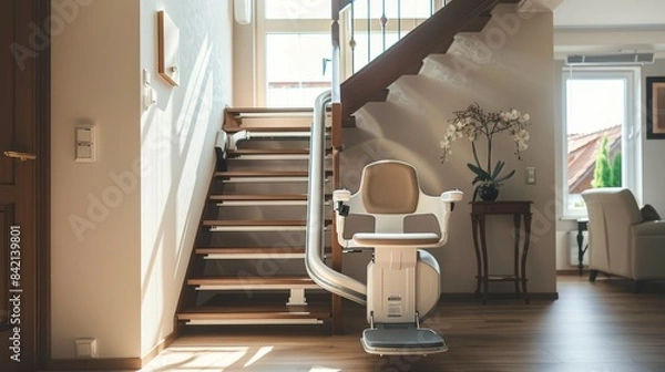 Obraz A stairlift installed on a curved wooden staircase in a bright, modern home interior.