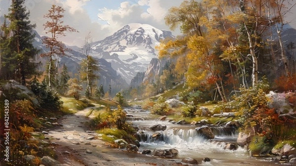 Fototapeta Scenic autumn landscape with mountain, river, and forest showcasing vibrant fall colors, clear blue sky, and pristine natural beauty