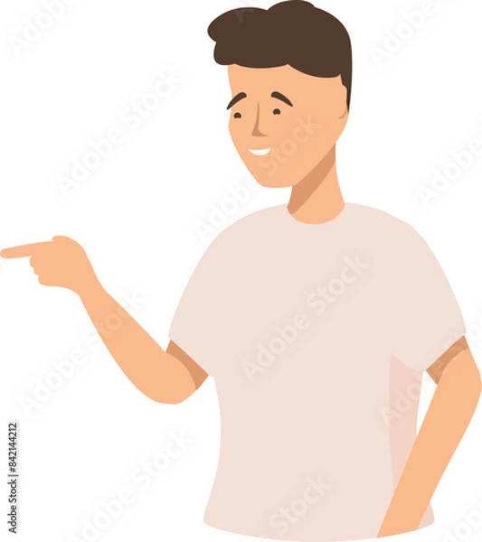 Fototapeta Young man pointing with his finger and smiling, showing something, indicating direction