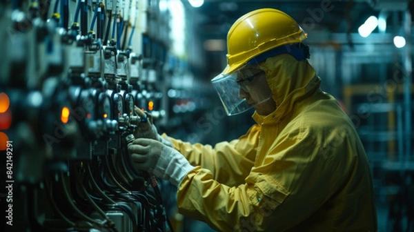 Fototapeta An engineer wearing yellow protective gear inspects and maintains industrial equipment in a dimly lit, high-tech facility.