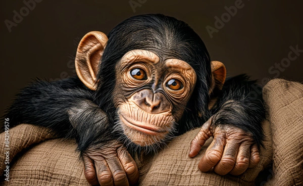 Fototapeta A cute baby chimpanzee resting its head on a blanket, gazing curiously with big, expressive eyes.