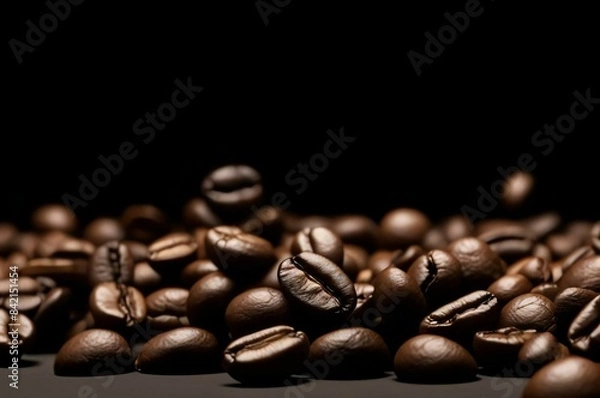 Fototapeta Coffee beans floating in the air on a black background in closeup