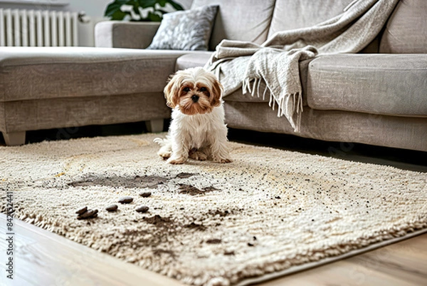 Obraz Dog sits by mess on rug.