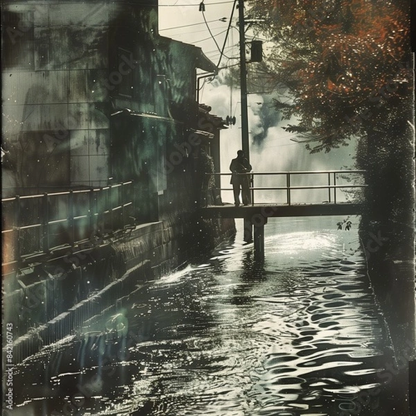 Obraz Realistic outdoor black and white photograph of stone buildings on the edge of an industrial canal the man standing on a small bridge. From the series �Art Film - Color.�