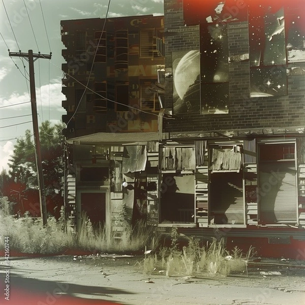 Obraz Realistic outdoor color photograph of the fa�ade of an abandoned small commercial building, double exposure. From the series �Art Film - Color.�