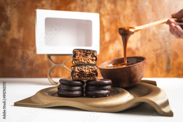 Fototapeta alfajor Argentino de chocolate negro relleno de dulce de leche, presentado en platoto con olas fabricado con impresion 3d